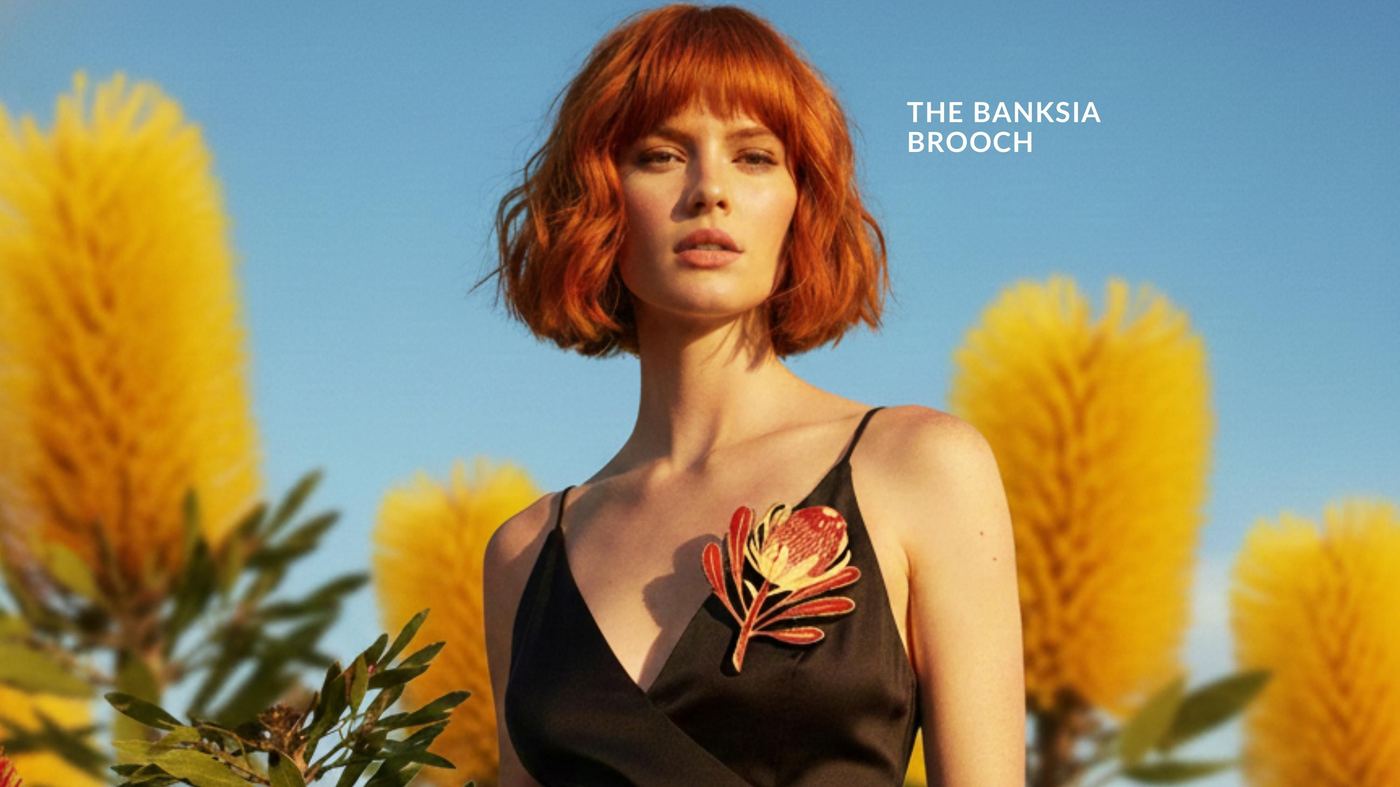 The Banksia Brooch, hand-embroidered garment detail