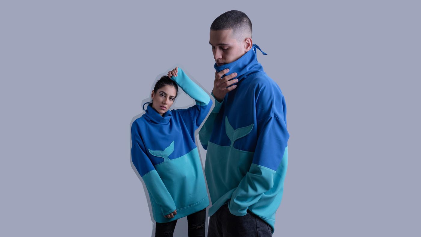 Colour-blocked whale tail hoodie